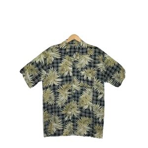 Sun Casuals Mens‎ Button Front Shirt Size L Hawaiian Palm Leaf Print Rayon Black